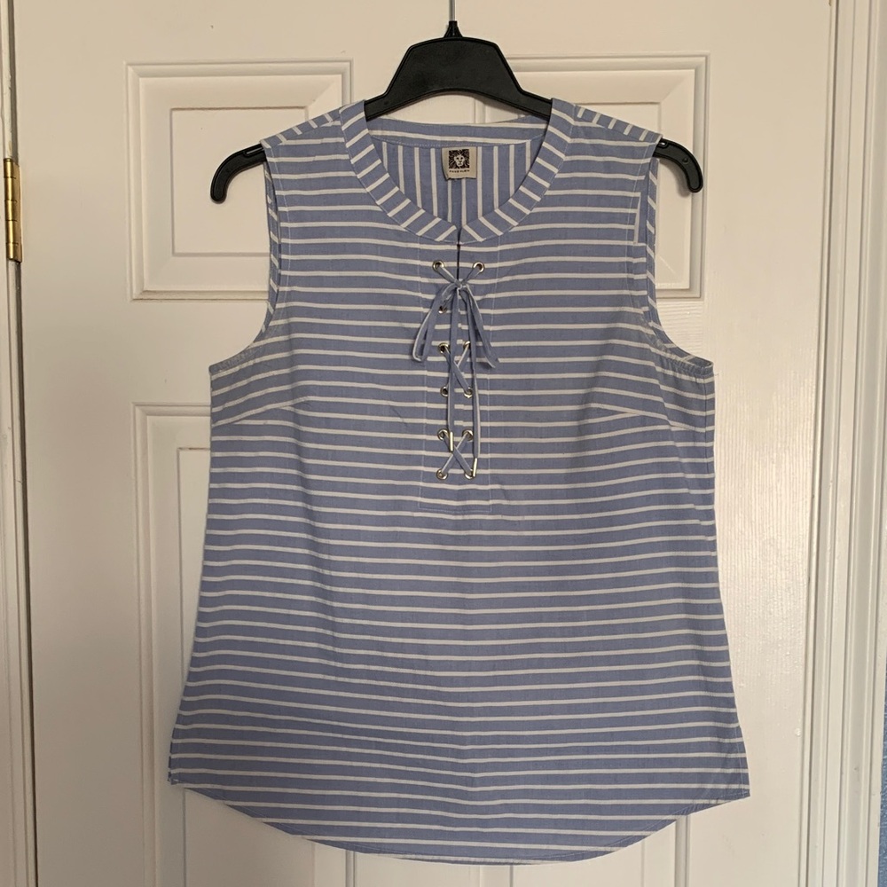 Anne Klein Light Blue Striped Lace-Up Blouse